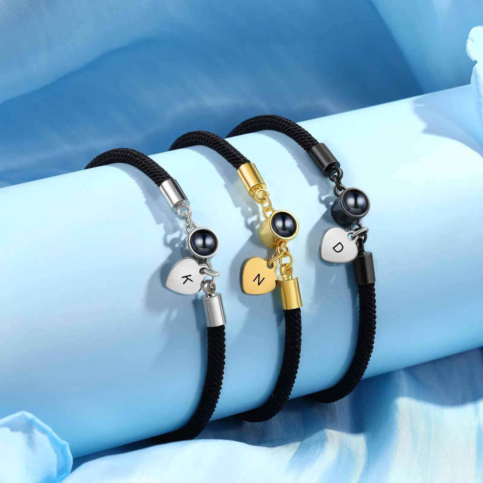 

Custom Photo Projection Bracelet Rope Cord with Initial Engraved Personalized Picture Image Jewelry Mother's Day Gift for Mom