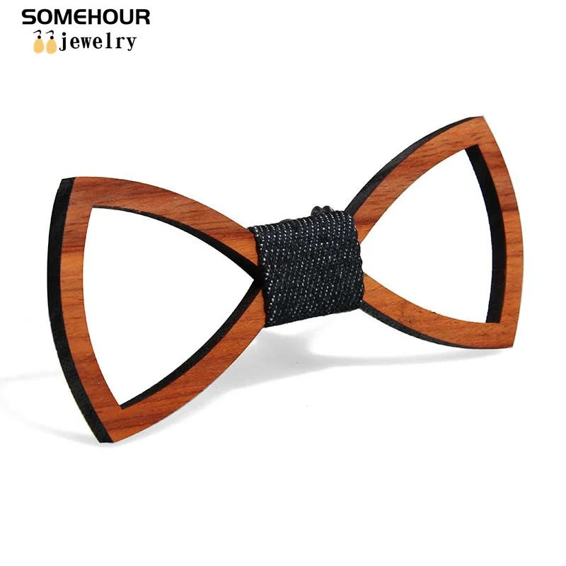 SOMEHOUR Floral Wood Bow Ties For Men Engraved Hollow Wooden Butterflies Bowknots Handmade Craft Gravata Weeding Suits Necktie