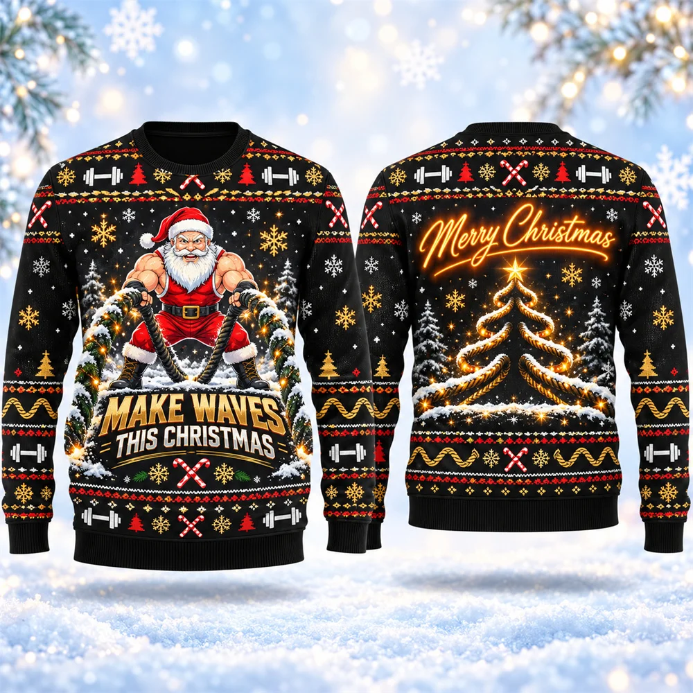 Fitness Theme Funny Christmas Ugly Sweater For Men 3D Print Humour Santa Claus Fitness Training Design Pullover Sweatshirt Gift