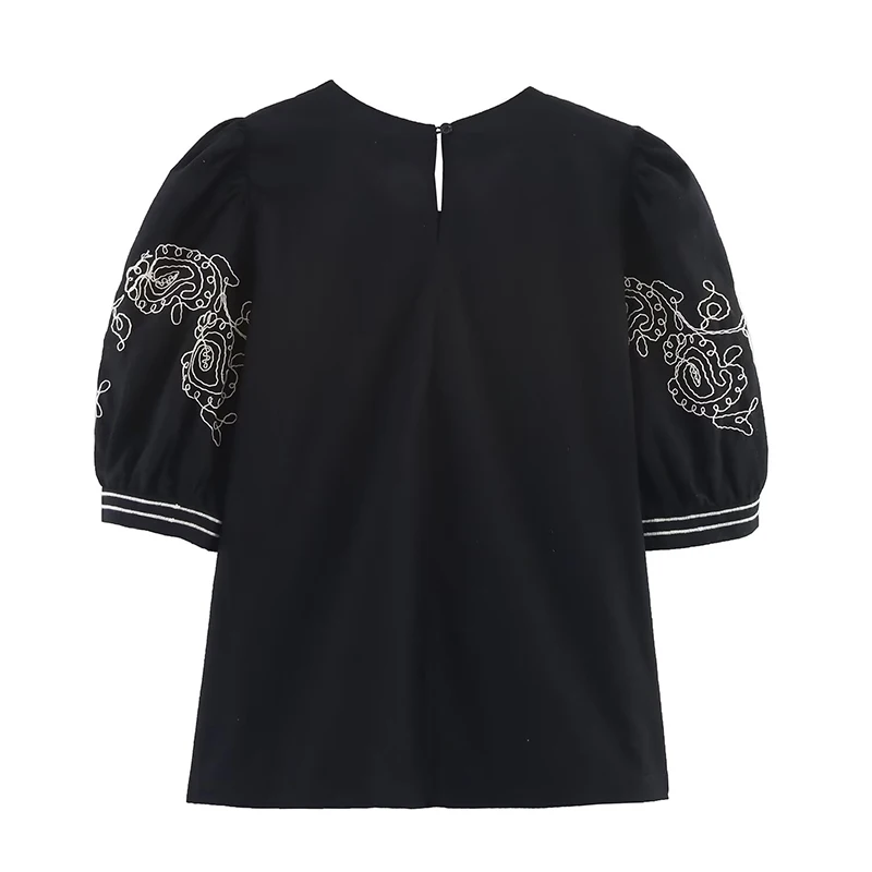 YENKYE Nieuwe 2025 Vrouwen Ronde Hals Korte Pofmouwen Borduren Zwarte Blouse Casual Vintage Zomer Tops