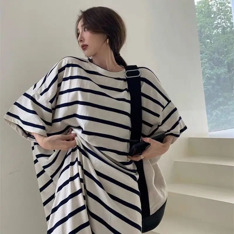 Summer New Black and White Stripe T Shirt Dress Short Sleeve Loose All-match Youth Dresses Trend Casual Fashion Women Clothing