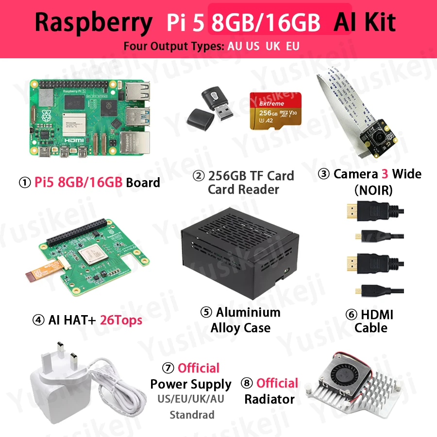Raspberry Pi 5 8GB Raspberry Pi 16GB (Pi5 8GB/Pi5 16GB+Ai HAT 26Tops+Case+Camera+Radiator+HDMI+256GB Card+Power Supply)