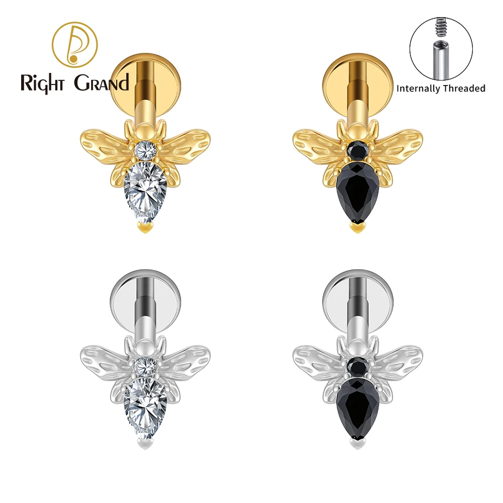 Right Grand Piercing de Orelha (Hélice/Tragus) em Titânio ASTM F136 – Modelo Abelha com Zircônia e Base Plana (Flat Back) – Calibre 16G