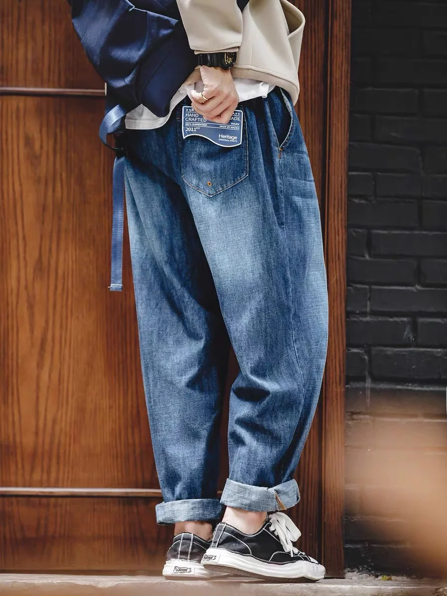 

Maden Casual American Sle Loose Fit Straight Leg Jeans Men's Waed Denim Elastic Waist Jeans Youth ular Autumn Long Pants