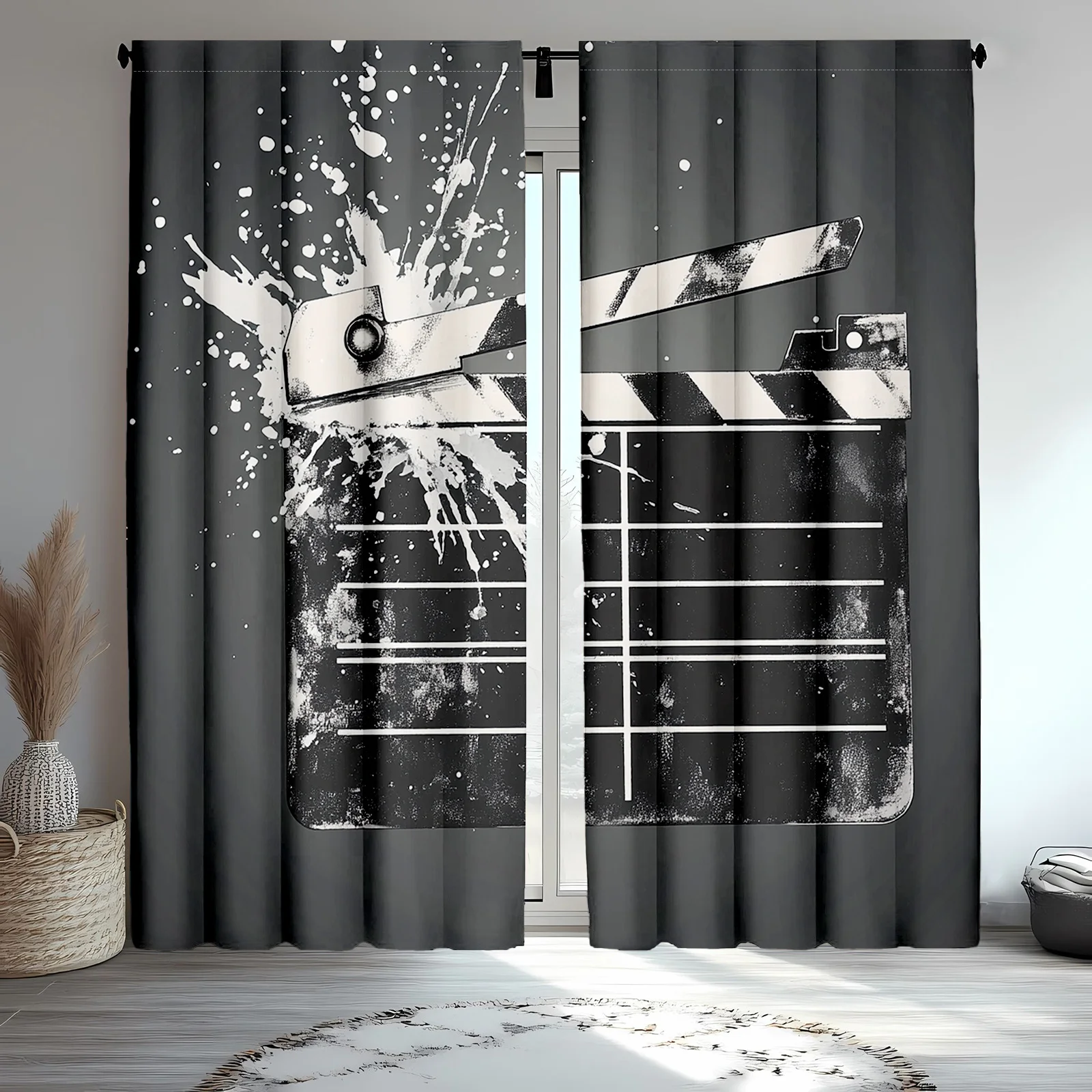2pcs Grunge Movie Curtains, Clapper Board and Retro Film Backdrop for Window Drapes