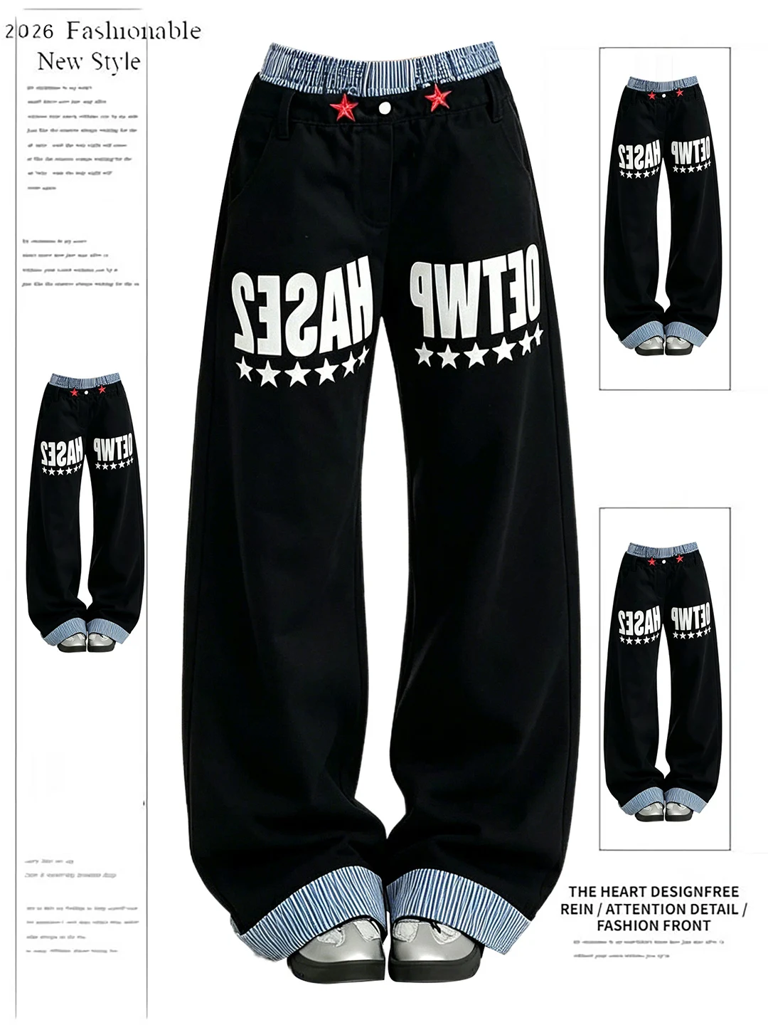 

American Retro Splicing Wide Leg Black Jeans Women Summer New Design Sense Cuffed Pants High Waist Cotton Comfortable Casual