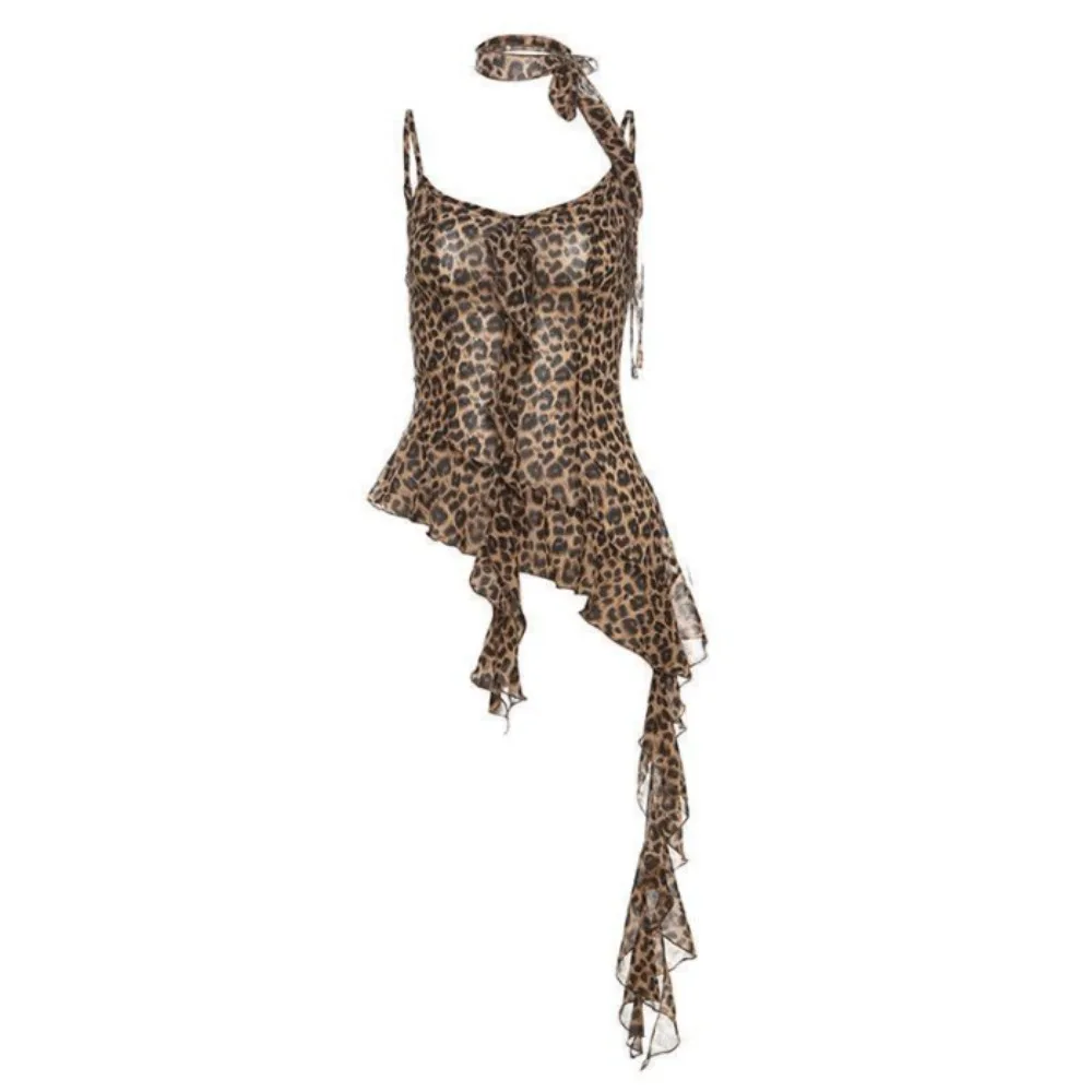 

Chic Ruffled Edge Leopard Halter Camisole Lace-up Thin Y2k Crop Tops Women Irregular Slim Fit Sleeveless Camisole Streetwear