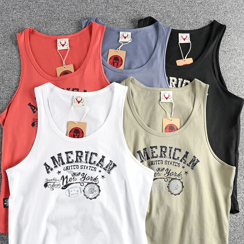 American Letter Print 100% Cotton Sleeveless Vest for Men Vintage Summer Casual Loose Versatile Camisole T-shirt Tees Tank Tops