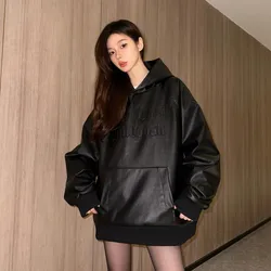 Womens PU Leather Motorcycle Jacket Unisex Moto Biker Black Hooded Sweatshirt Coat Fashion Trend Loose Hoodies Pullovers Tops