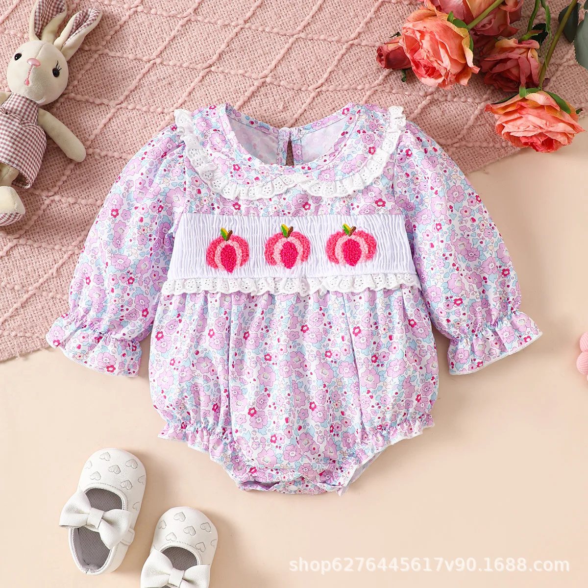 Spring Autumn Baby Girl Cute Embroidery Lace Romper Newborn Vintage Floral Print Long Sleeves Rompers Onesie For Toddler Girls