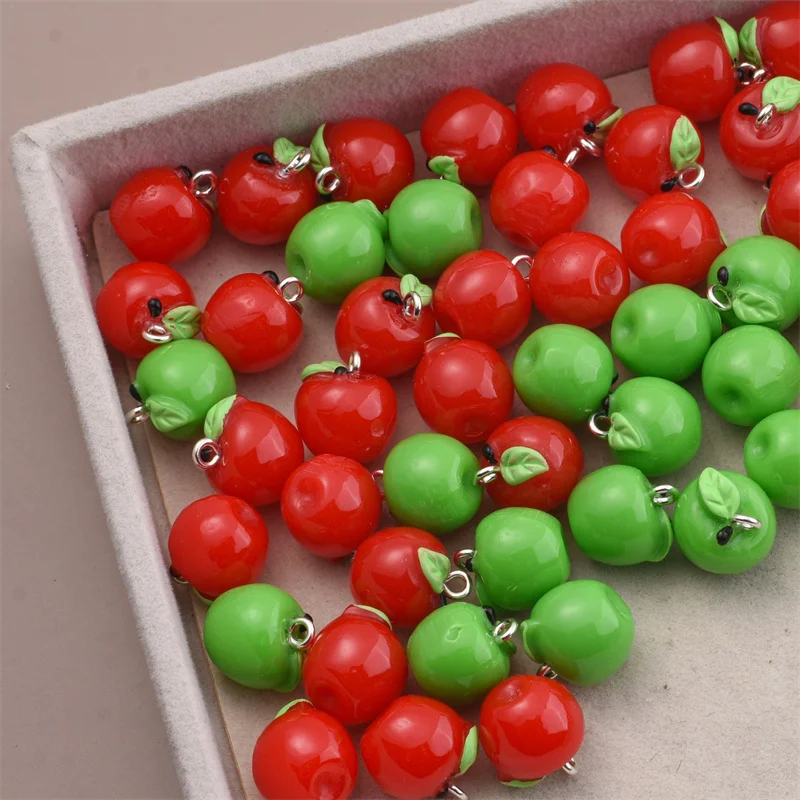 New style 50pcs/lot color print cartoon apples shape resin beads with hanger charms diy jewelry garment accessory