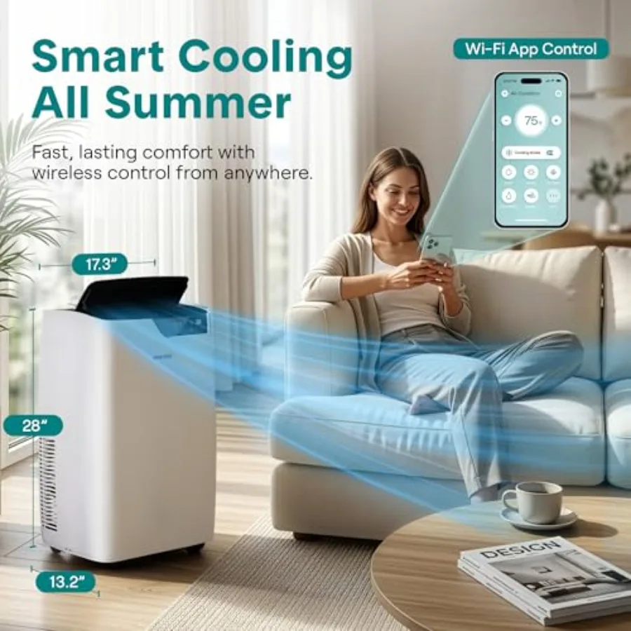 Portable air conditioner and heater for bedroom or room up to 450 sq ft, plastic housing, white color, 12000 BTU with smart WiF
