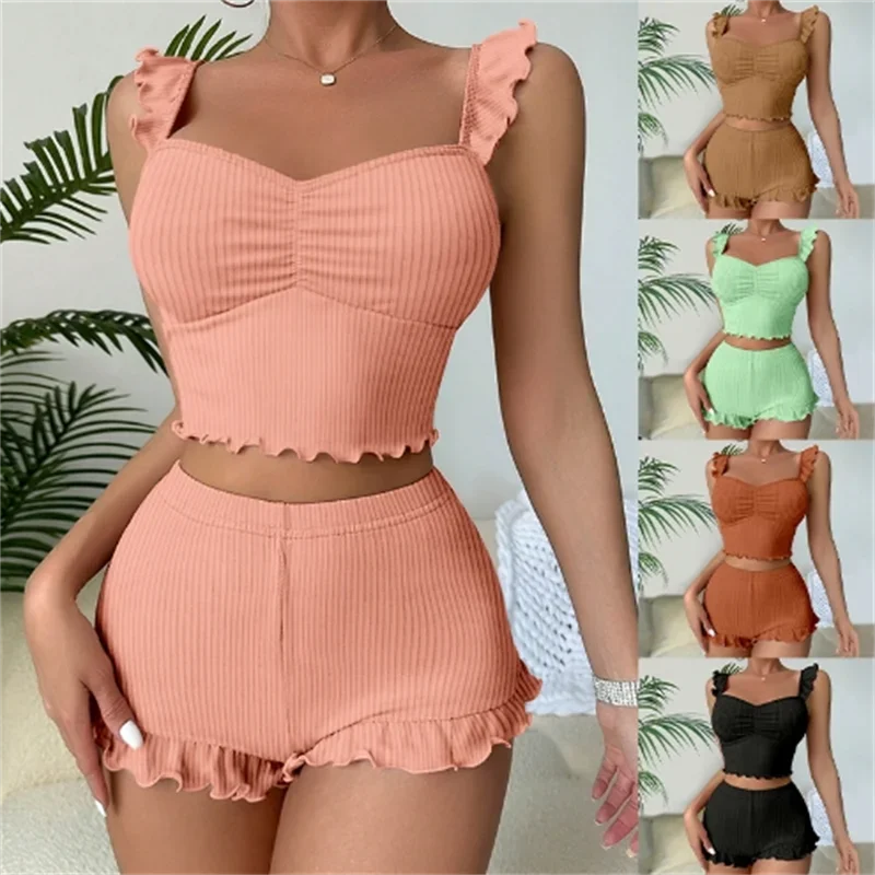 New Two-Piece Summer Knit Short Fitting Sexy Pink Navel Exposed Sleeveless Top and Shorts for Home Casual Pajama Set