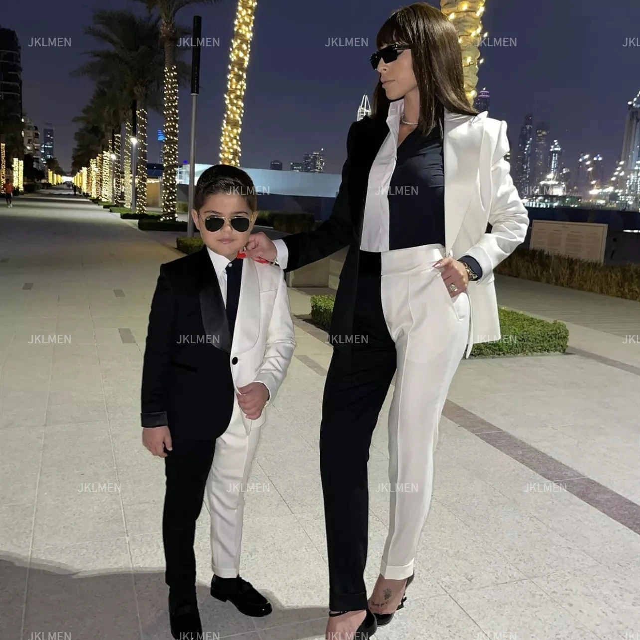 Black White Patchwork Family Parent-Child Suit Mens Womens Child\'s Suits Blazer Pant Slim Fit Fashion Daily Set Costume Homme