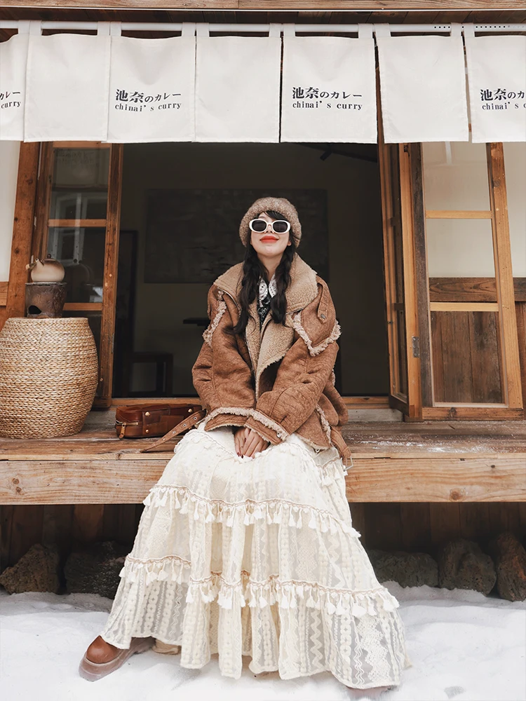 TIYIHAILEY Winter Women Outerwear Coats Jacket Warm faux lamb fur Leather Thick High Quality Turn Down Collar Brown 2025 New