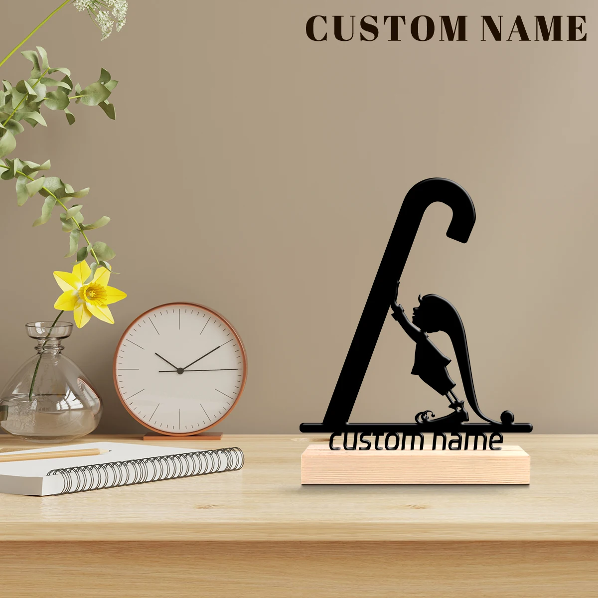 1pc Personalized Metal Artwork Customizable Name Equipped with Wooden Base Home and Office Decorations,Christmas Gifts