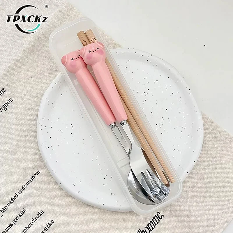 

Cartoon Puppy Piggy Portable Spoon Forks Cutlery Set Ceramic White Catering Supplies Easy To Carry Chopsticks Set Tableware