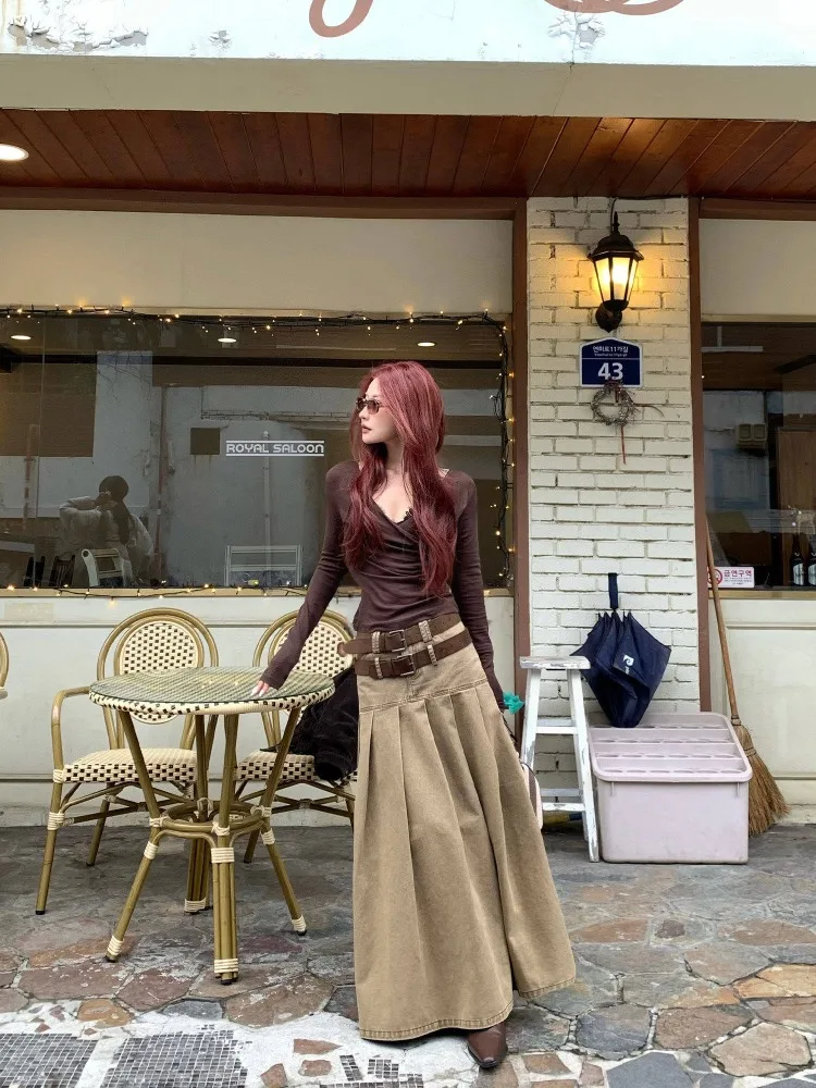 【FANGTING】Women's Spring/Summer Khaki Denim Skirt Pleated Slim A-Line Skirt Cargo Mid-Length Skirt