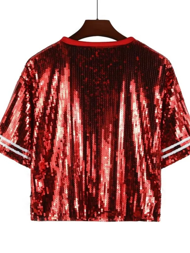 

Новая летняя женская футболка высокого качества, модная, с пэчворком, круглым вырезом, надписями, в стиле стритвир, с пайетками, в полоску, с коротким рукавом, в стиле хип-хоп