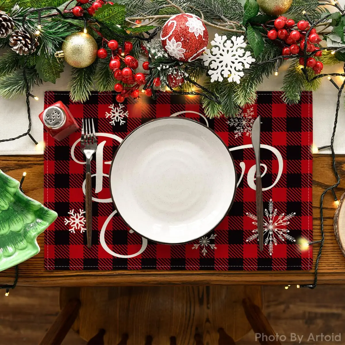 Mode Christmas Believe Check Plaid Placemat for Dining Table 12 x 18 Inch Winter Holiday Rustic Washable Table Mat Set of 4