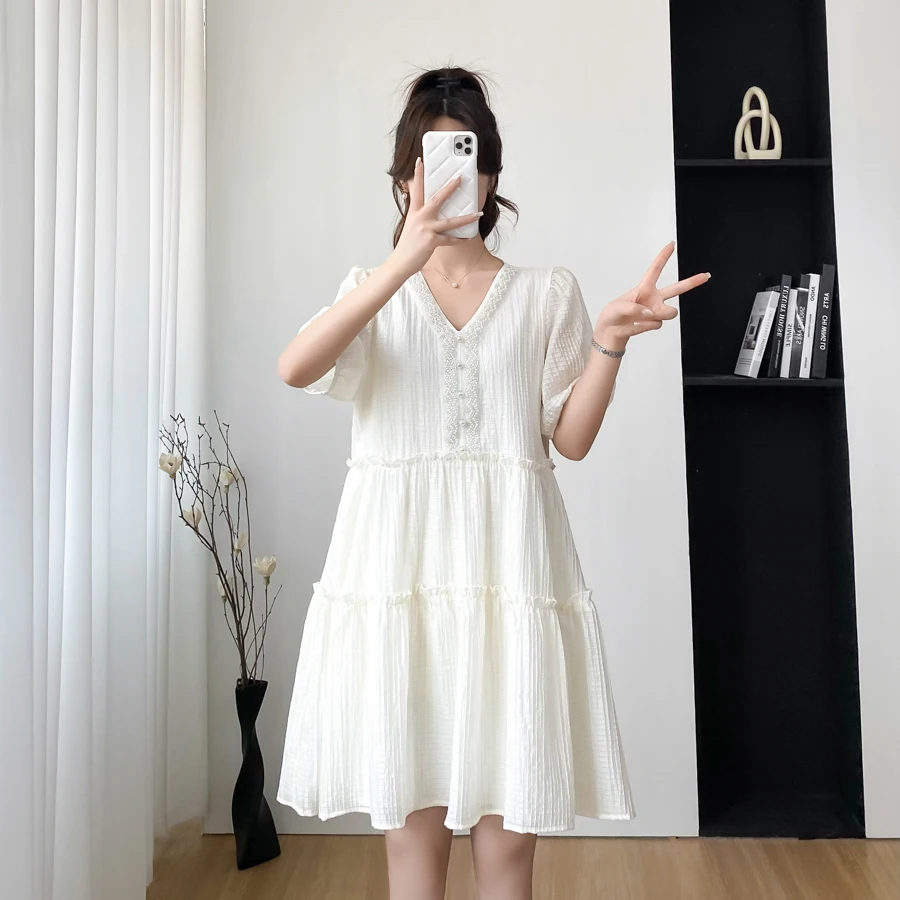 

Sweet Summer Pregnant Woman Ball Gown Dress Short Sleeve V-Neck Beading Button Fly Ruffles Patchwork Maternity Lace Party Dress