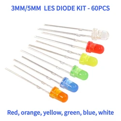 60PCS/Set 3MM 5MM LED Light Emitting Diode Assorted Kit F3 F5 LED Orange Yellow Red Green Blue White DIY LED Diode Assorted Kit