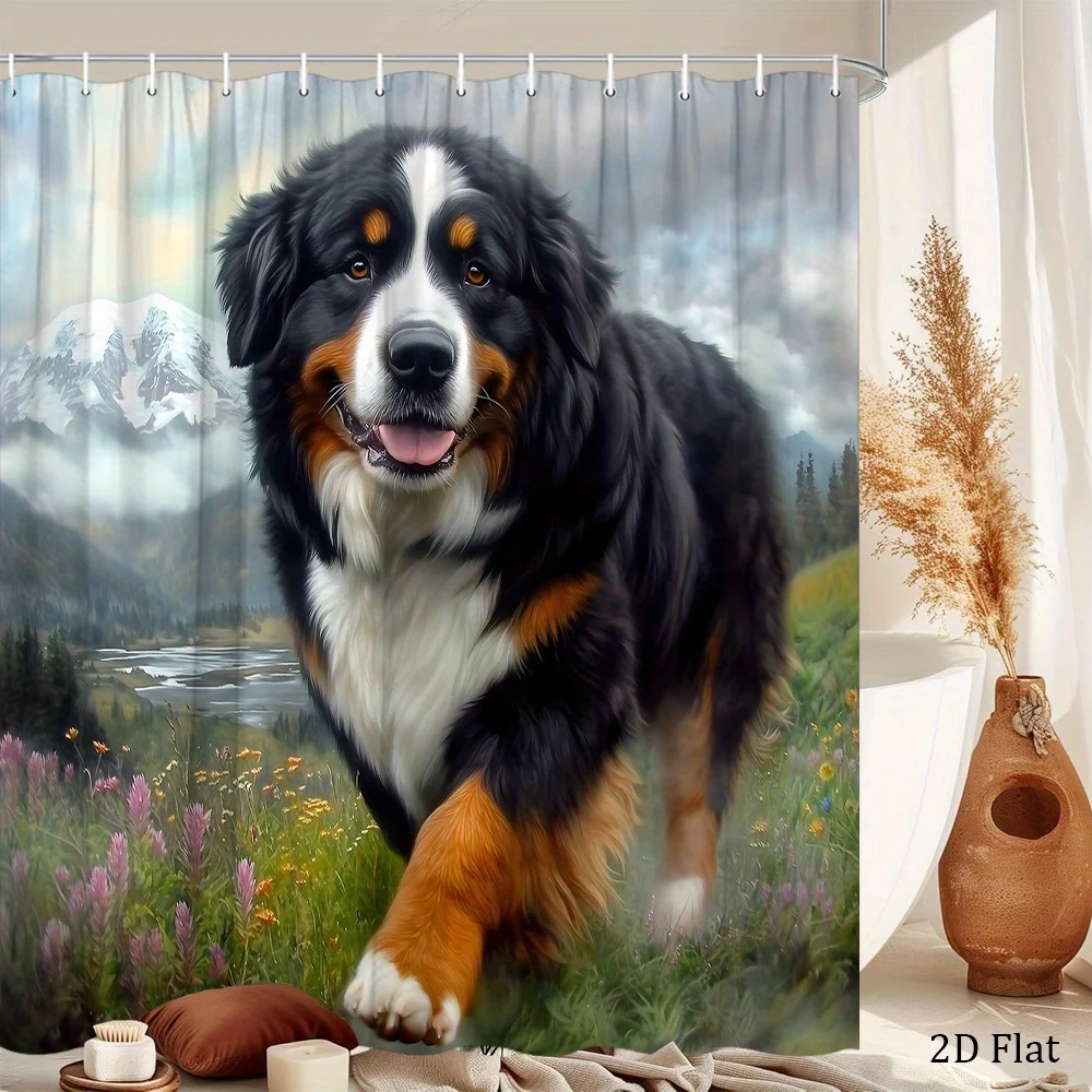 

Bernese Mountain Dog Shower Curtain With Mountain Landscape And Flowers Artistic Pet Decor Waterproof Bathroom Gift Item