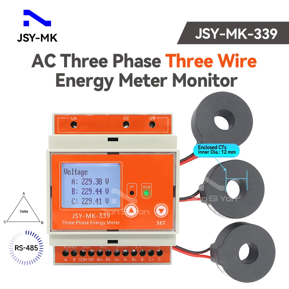 

JSY-MK-339 kWh 3 Phase 3 Wire 80A AC Smart Power Meter Energy Monitor Analyzer RS485 Modbus-RTU for Solar System Management