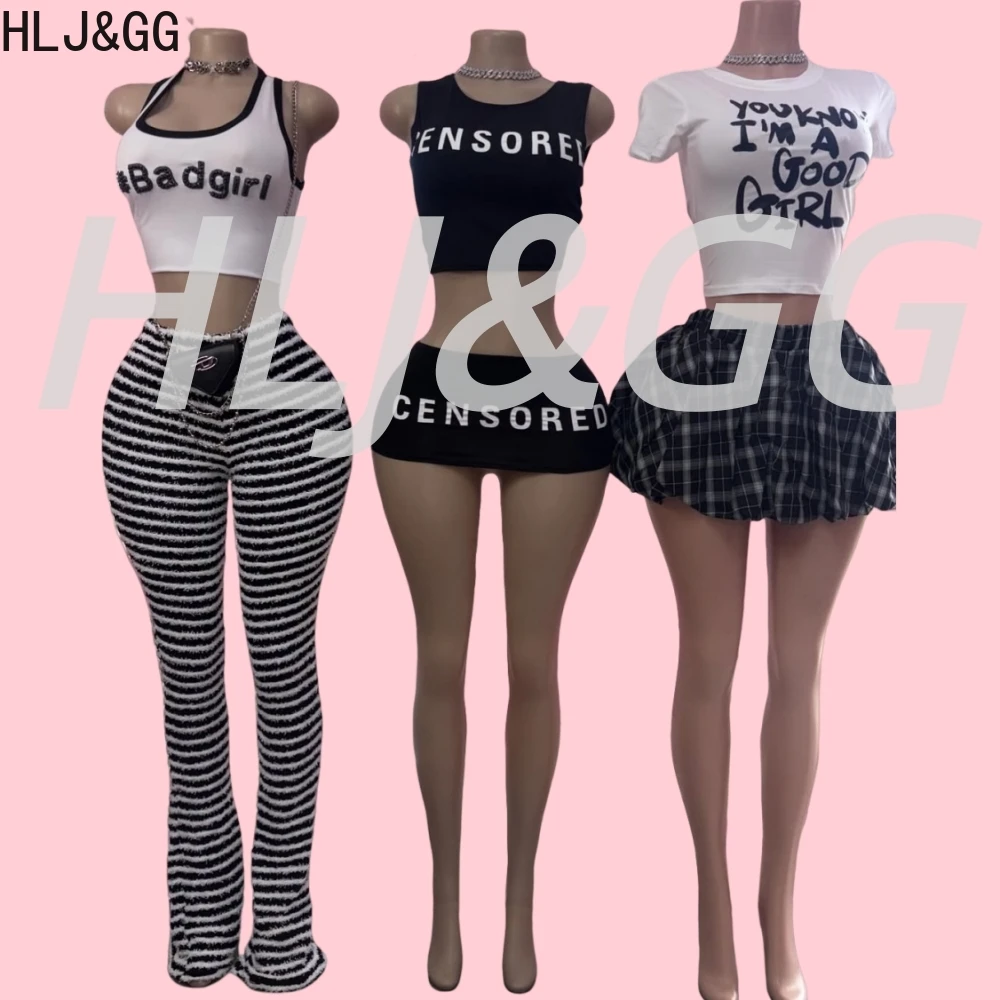 HLJ&GG Fashion Y2K Letter Print Slim Tank Top Two Piece Sets Women Sleeveless Crop Vest + Stripe Skinny Pants Outfits Streetwear