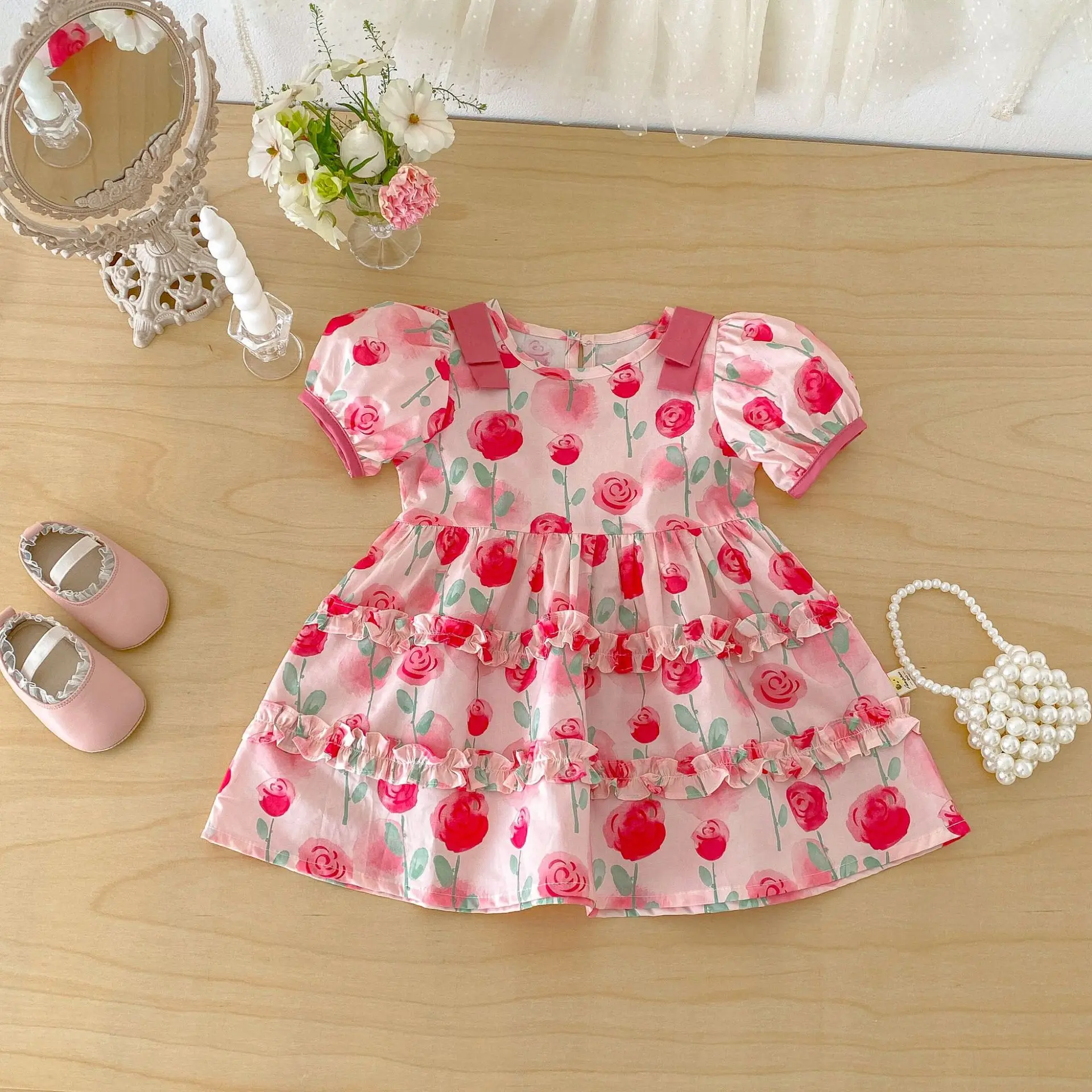 Summer 2026 New Girls' Bubble Sleeve Dress with Stylish Flowers, Sweet Princess Dress for Baby Girls, Thin Skirt