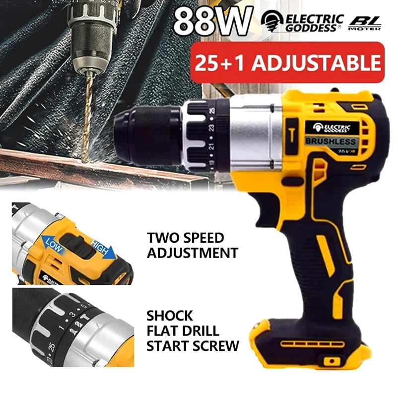 Electric Goddess Cordless Electric Drill 25+1 Torque Adjust 20V Brushless Compact Screwdriver Power Tool For Dewalt Battery