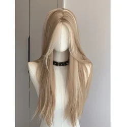 Long Silky Straight Synthetic wigs White gold color Cosplay Party Lolita Hair Wigs for Women Natural Heat Resistant Wig 가발