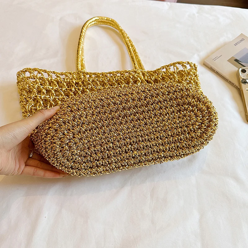 Goldene Hohlgeflechtte Shopper-Markttasche, Damen Casual Chic Strand- und Pendler-Tragetasche, Koreanische Bucket-Handtasche – Detail 4