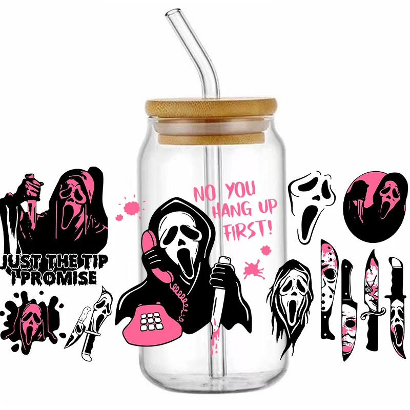 Autocollant de tasse UV DTF de conception d'Halloween, étiquette en cristal, étanche, degré, transferts ronds de bricolage, autocollant adhésif en verre