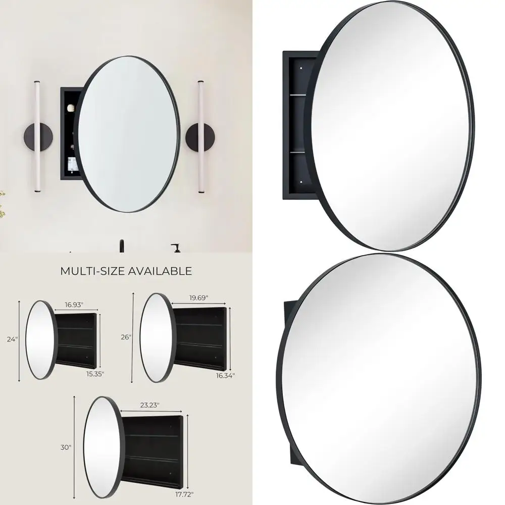 

Round Black Surface Mount Bathroom Medicine Cabinet with Circular Mirror and Stainless Steel Frame