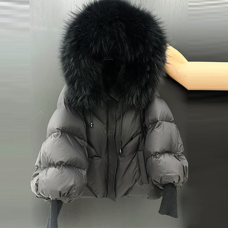 2025 New Winter Large Real Fur Hooded Puffer Jacket Women Coat White Duck Down Mid Long Parka Thicken Warm Knitted Sleeve
