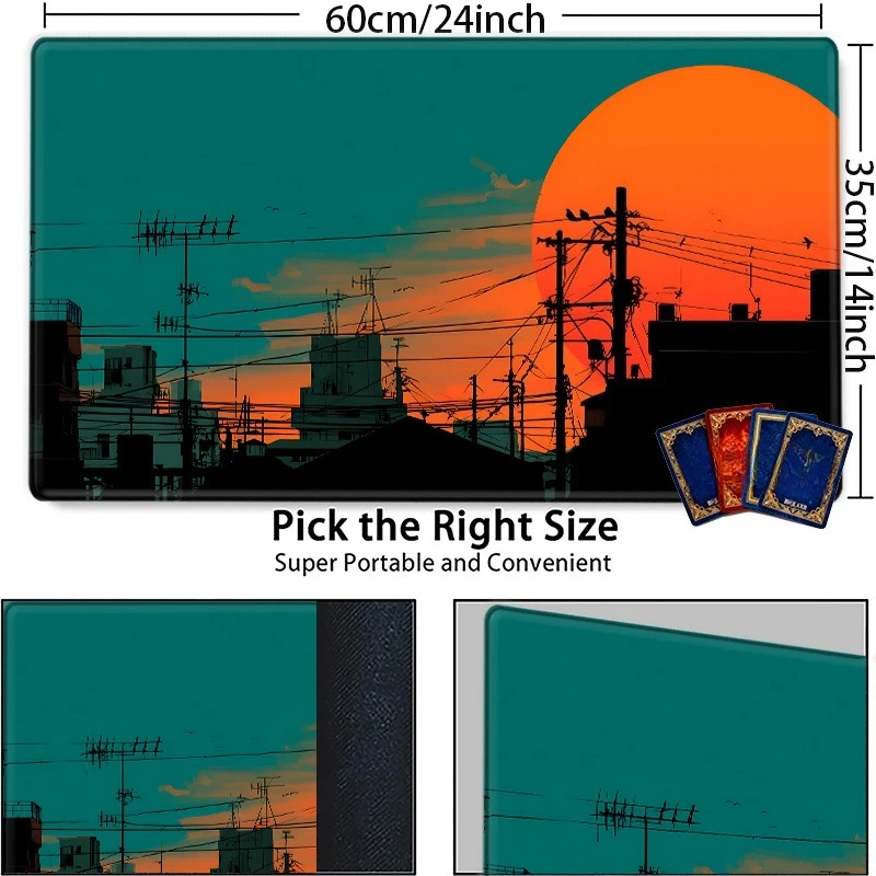 Synthwave sunset city skyline with an orange sun, CCG, TCG, RPG tabletop decorations and mouse pads alfombrillas para escritorio