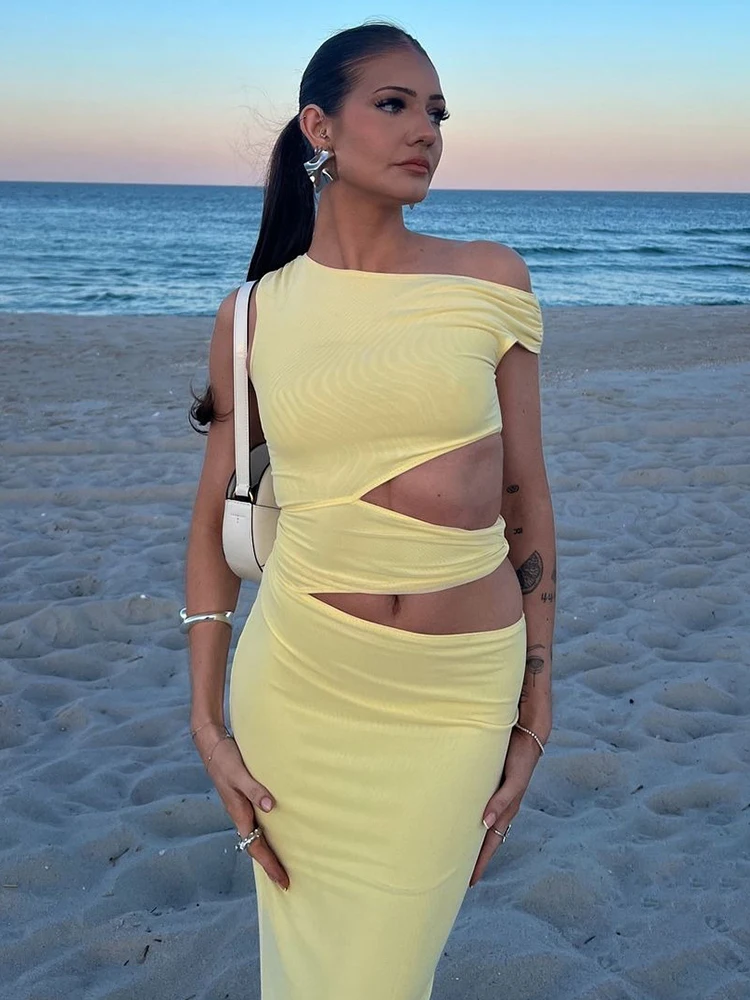 

InGrily Hollow Sexy Maxi Dress Women Irregular Skinng Ruched Diagonal Collar Sleeveless Vacation Beach Party Fashion Vestidos