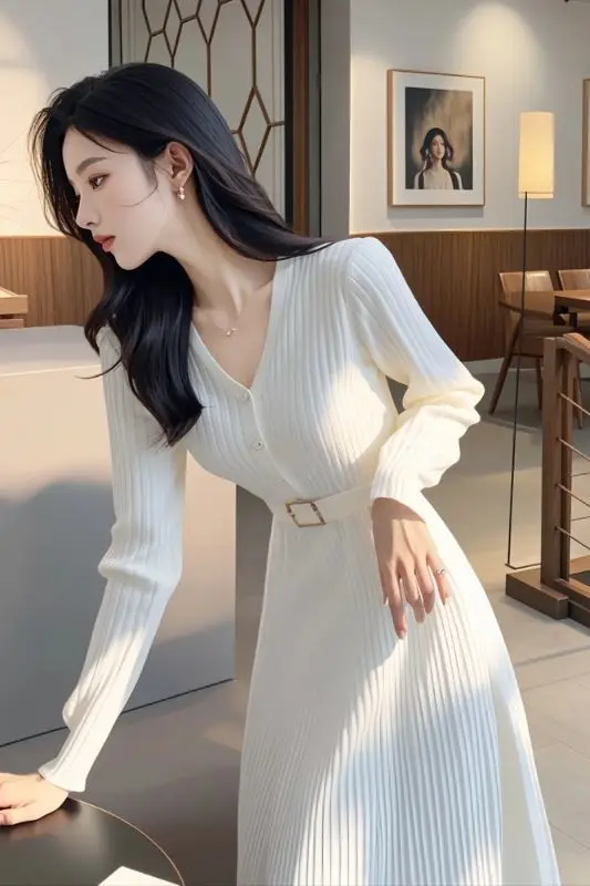 

French Style Long Sleeve Knitted Dress Women's Spring Autumn Winter Waist Slimming Midi Length Base Layer Sweater Dress CQ211