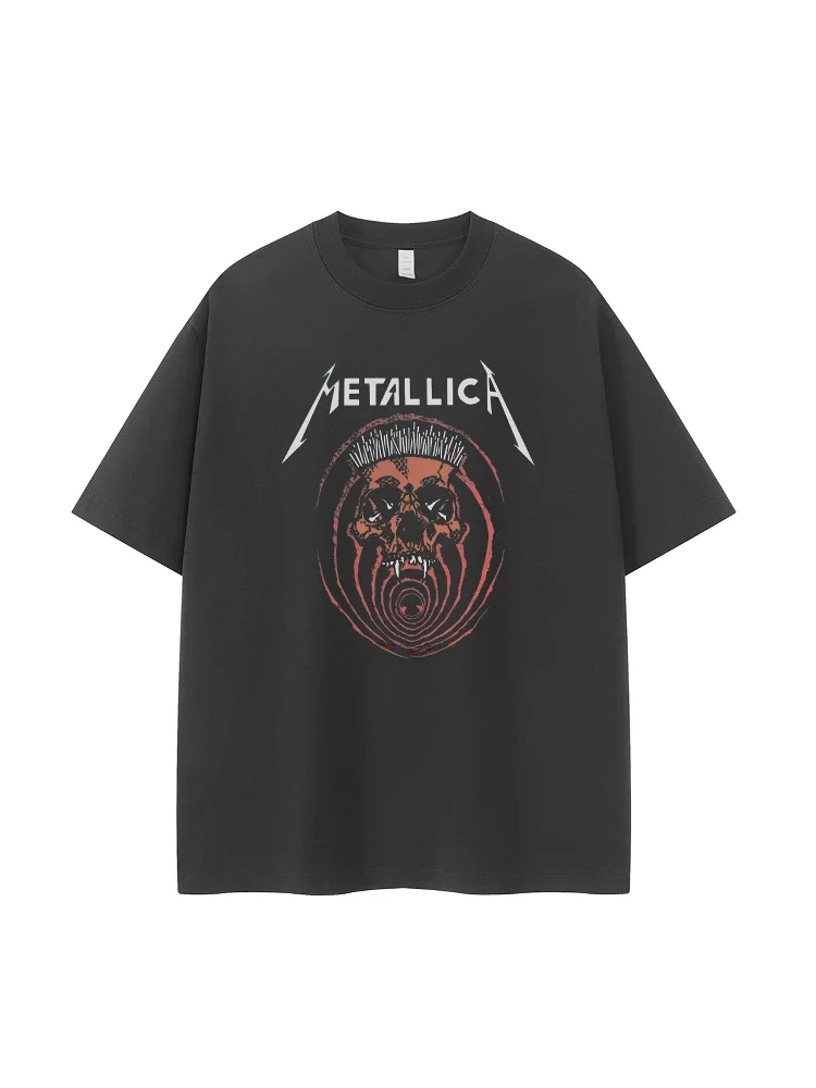 Retro American Street Dark Skeleton Design Metal Band Rock Short Sleeve T-Shirt Loose Fit Cotton Breathable Casual Style