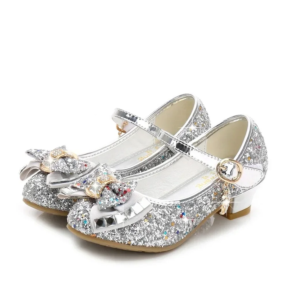 Princess Kids Leather Shoes for Girls Flower Casual Glitter Children High Heel Girls Shoes Rhinestone Sequins Butterfly Knot