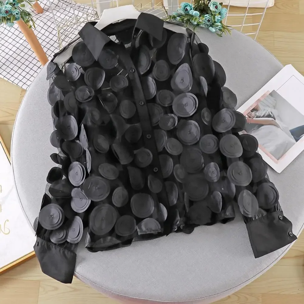 New Elegant French Blouse 3D Floral Print Semi Sheer Mesh Shirt Top Women Temperament Lantern Sleeve Shirt Sun Blouses