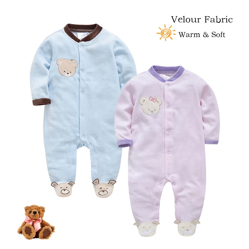 Autumn Winter Baby Clothing Girls Velour Warm Fabric Boys Romper Velet Pajamas Cute Bear Jumpsuit Newborn Overalls Fashion Outfi