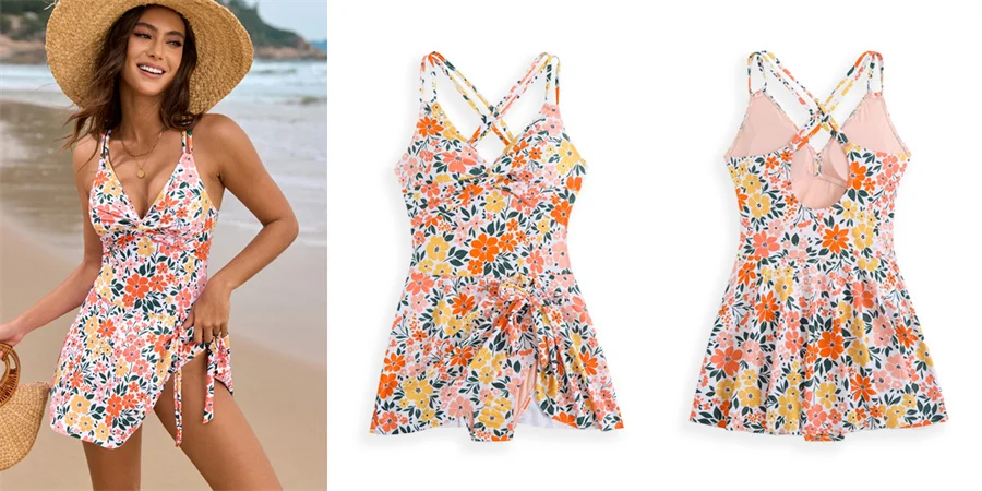 Damen-Badeanzug mit Blumenmuster, einteiliger Badeanzug, Twist-Front, V-Ausschnitt, doppelte Spaghettiträger, Bauchkontrolle, Badeanzug, Strand-Bademode – Detail 6