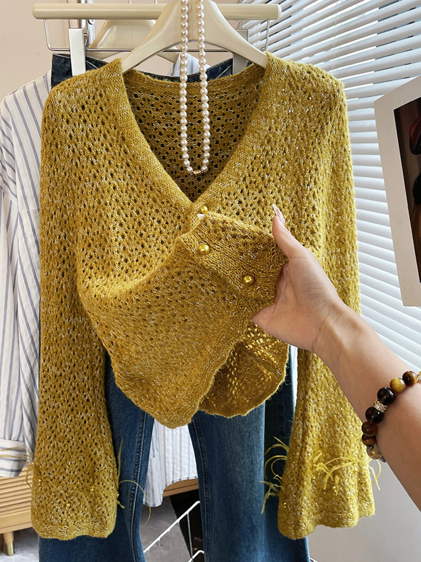 

Женский вязаный длинный свитер Све, удобный свободный крой, осенний топ с v-образным вырезом, утягивающий однотонный кардиган