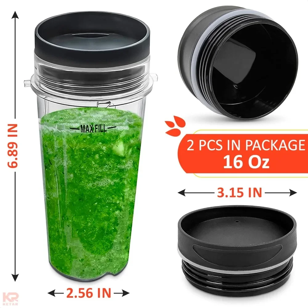 2PCS 16oz Blender Cup with Lids For Nutri Ninja Pro BL660 BL663CO BL740 BL770 BL770W BL771 BL773CO BL780 BL780CO