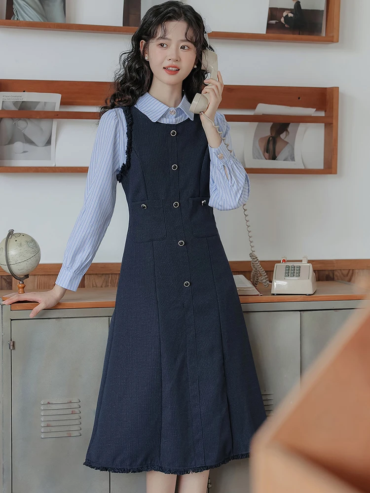 Women Blue Patchwork Striped Long Sleeve Polo Collar Shirt Dress Autumn Winter Elegant Office Lady Dress 2024 Korean Casual Robe