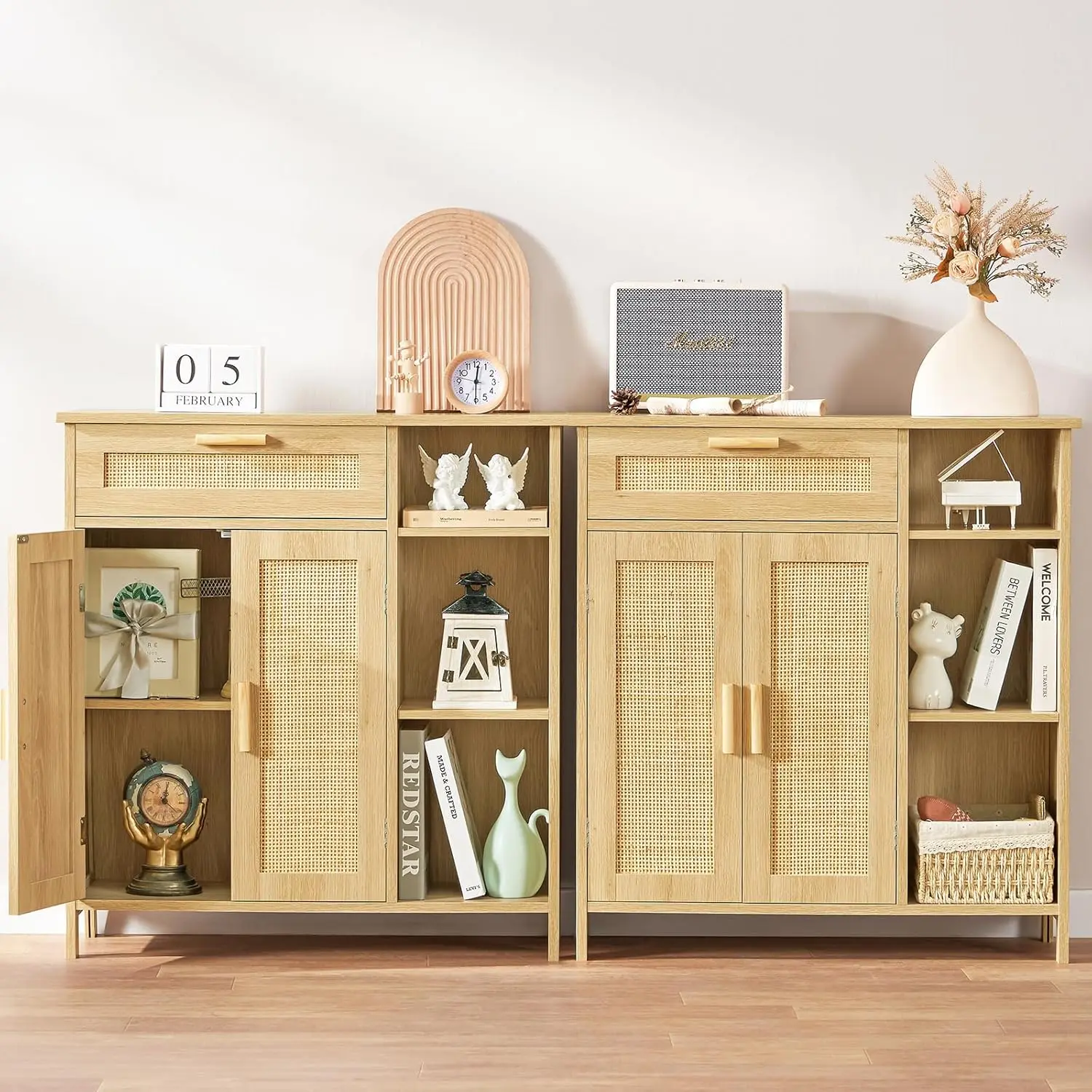 Storage Cabinet, Rattan Cabinet with Drawer & Doors, Sideboard Buffet Cabinet with Adjustable Shelves, Floor Cabinet for