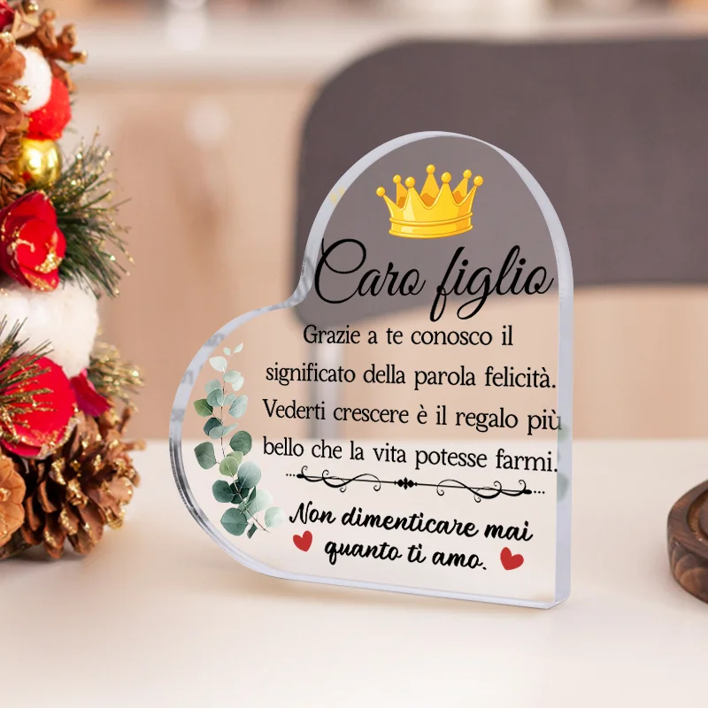 Italian Caro Figlio Heart Shaped Acrylic Desk Plaque Gift For Son,Crown Eucalyptus Heart Acrylic Table Sign With Italian Quote For Son