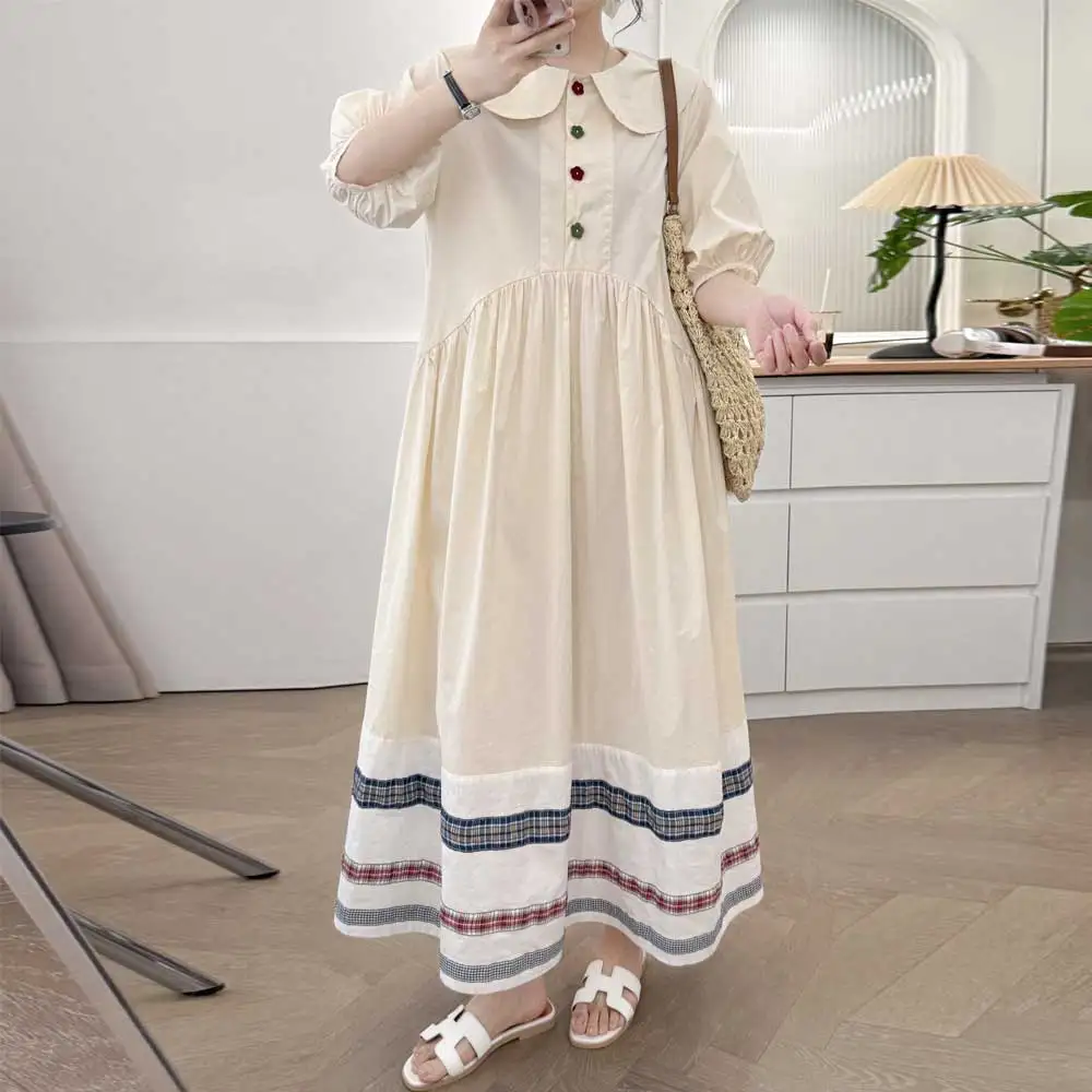 

Japanese Sweet Mori Girl Plaid Patchwork Maxi Dress Women Summer New Cute Peter Pan Collar Puff Sleeve Casual Loose Long Dresses